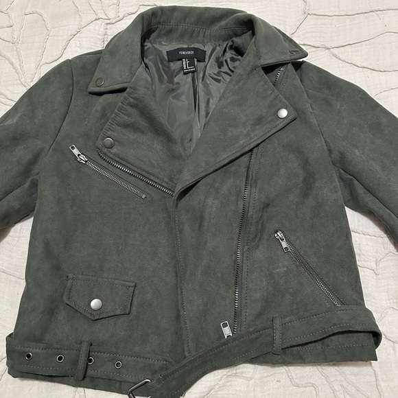 Green Faux Suede Moto Jacket - Picture 2 of 3